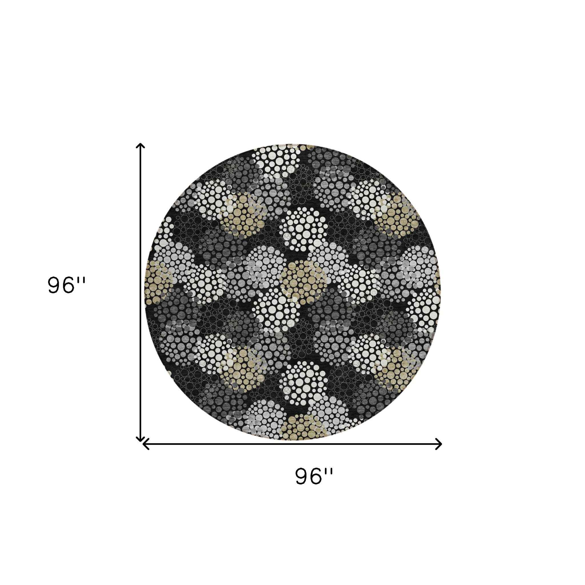 8' Black Gray And Ivory Round Polka Dot Washable Indoor Outdoor Area Rug