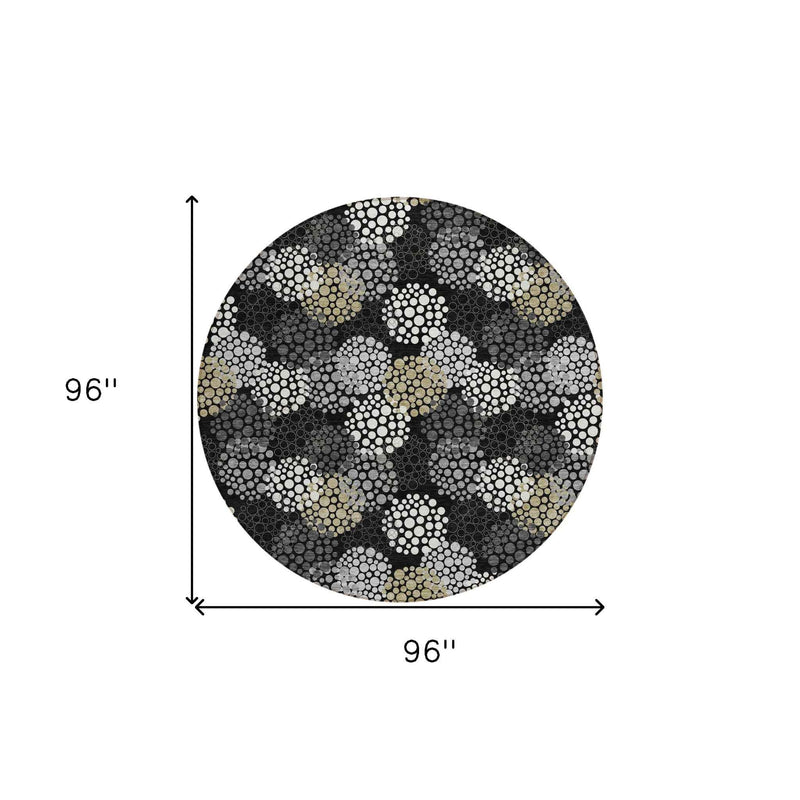 8' Black Gray And Ivory Round Polka Dot Washable Indoor Outdoor Area Rug