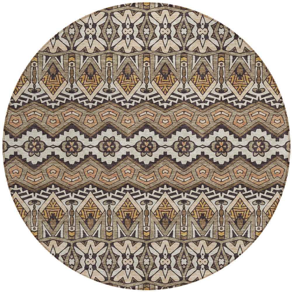 8' Taupe Brown And Ivory Round Moroccan Washable Indoor Outdoor Area Rug