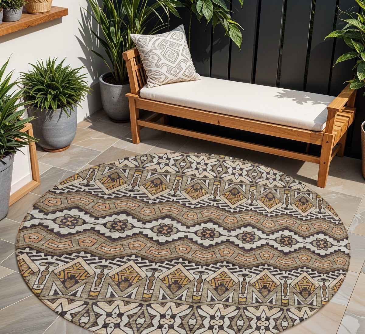 8' Taupe Brown And Ivory Round Moroccan Washable Indoor Outdoor Area Rug