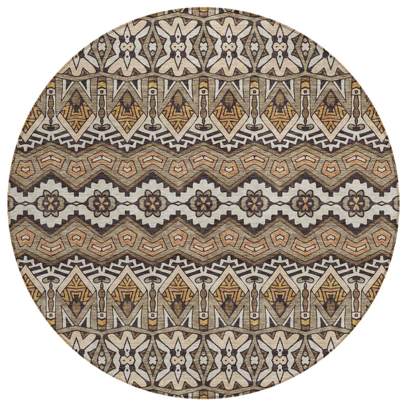 8' Taupe Brown And Ivory Round Moroccan Washable Indoor Outdoor Area Rug