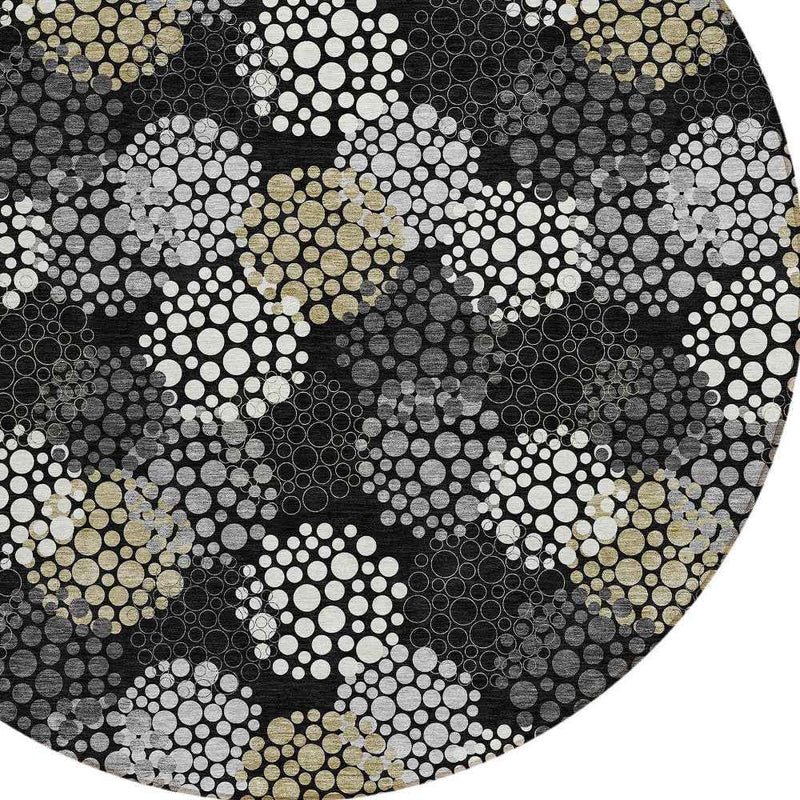 8' Black Gray And Ivory Round Polka Dot Washable Indoor Outdoor Area Rug