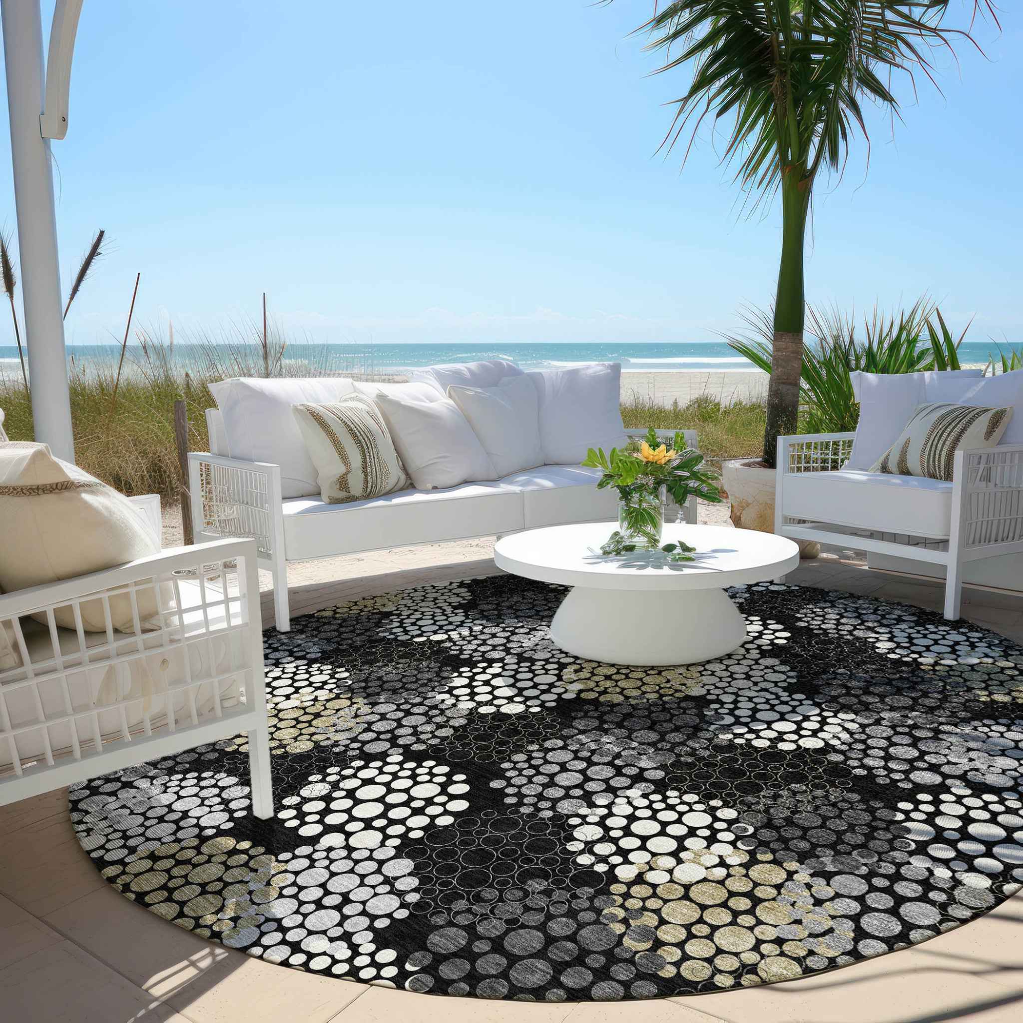 8' Black Gray And Ivory Round Polka Dot Washable Indoor Outdoor Area Rug