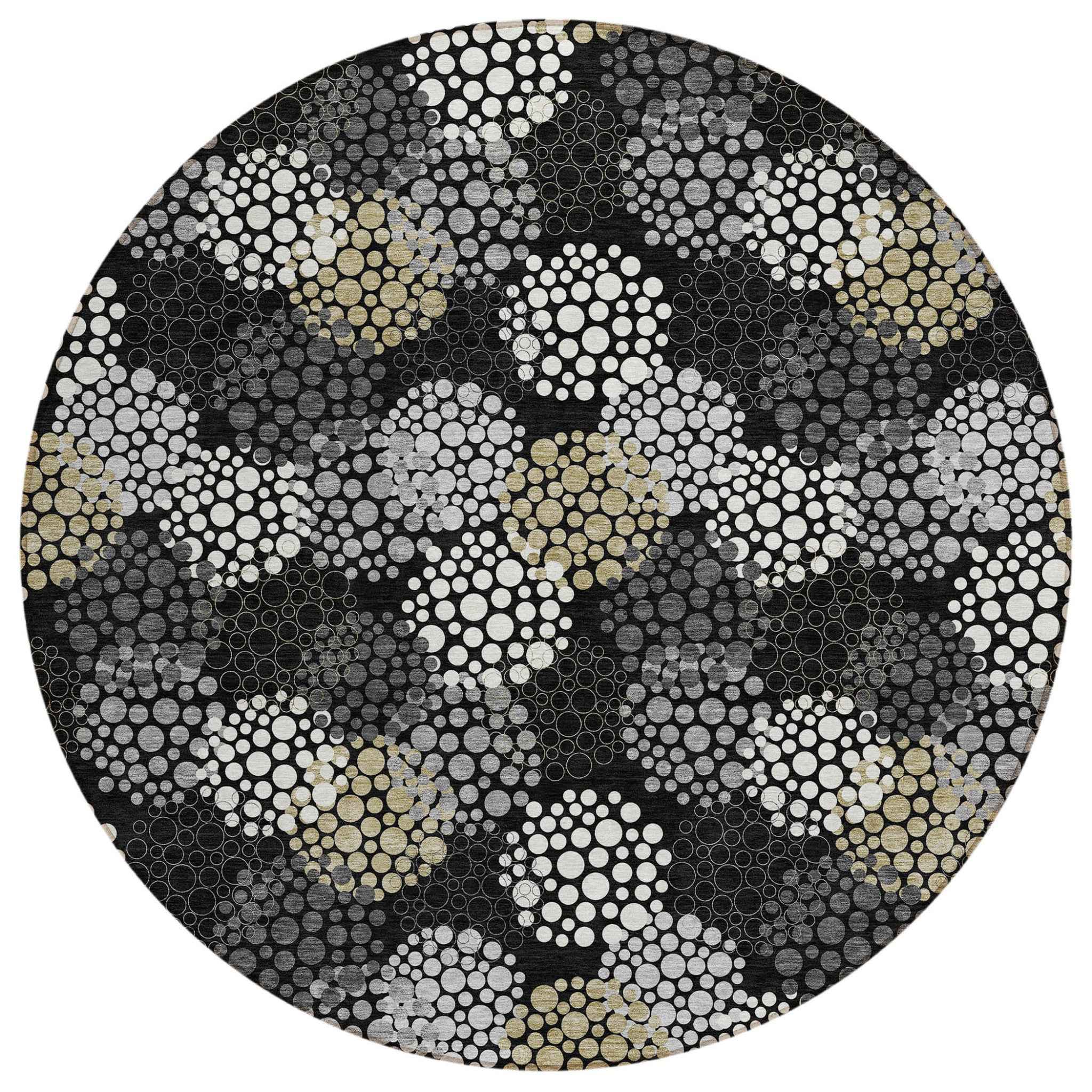 8' Black Gray And Ivory Round Polka Dot Washable Indoor Outdoor Area Rug