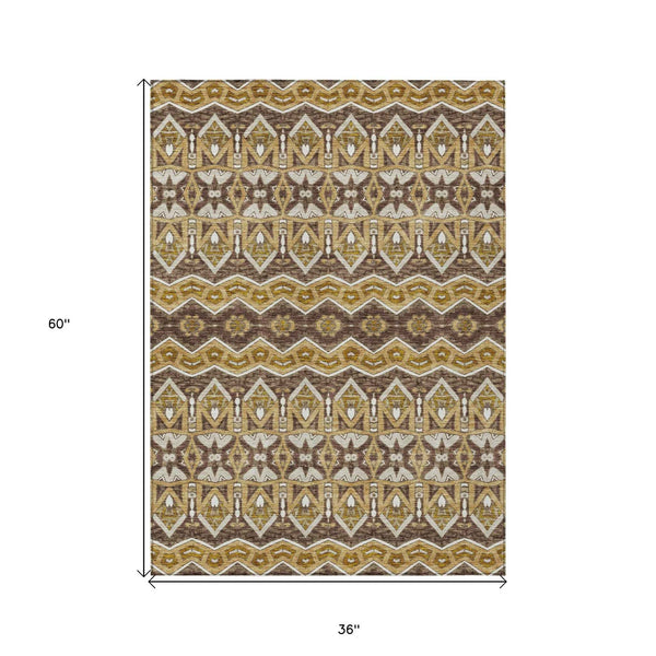 3' X 5' Gold Brown And Beige Moroccan Washable Indoor Outdoor Area Rug
