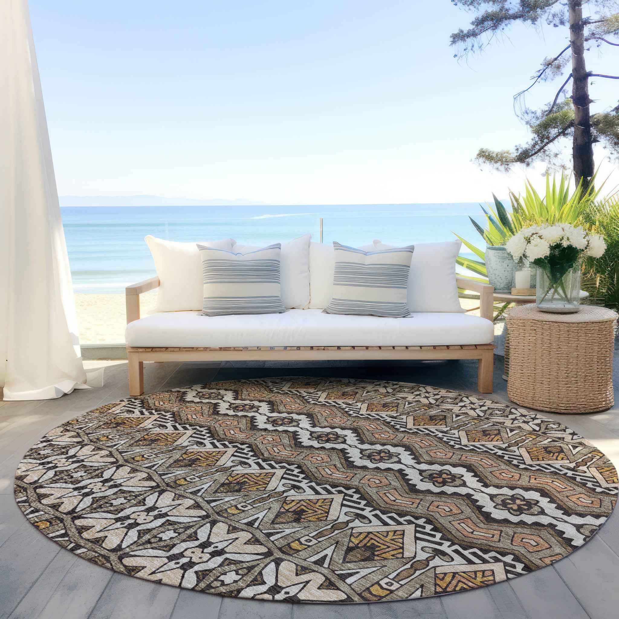 8' Taupe Brown And Ivory Round Moroccan Washable Indoor Outdoor Area Rug