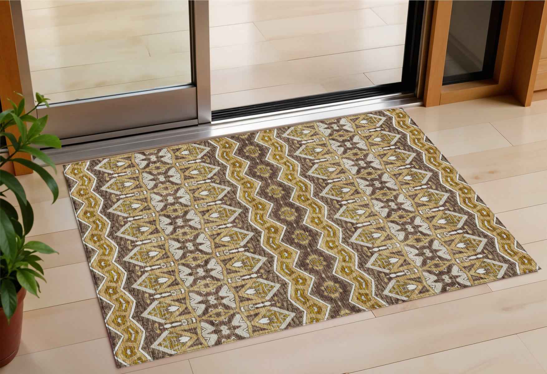 3' X 5' Gold Brown And Beige Moroccan Washable Indoor Outdoor Area Rug