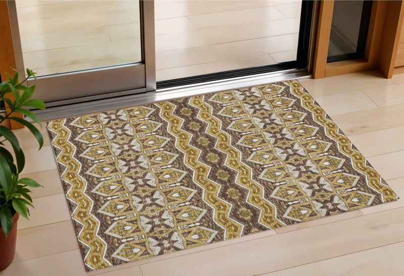 3' X 5' Gold Brown And Beige Moroccan Washable Indoor Outdoor Area Rug