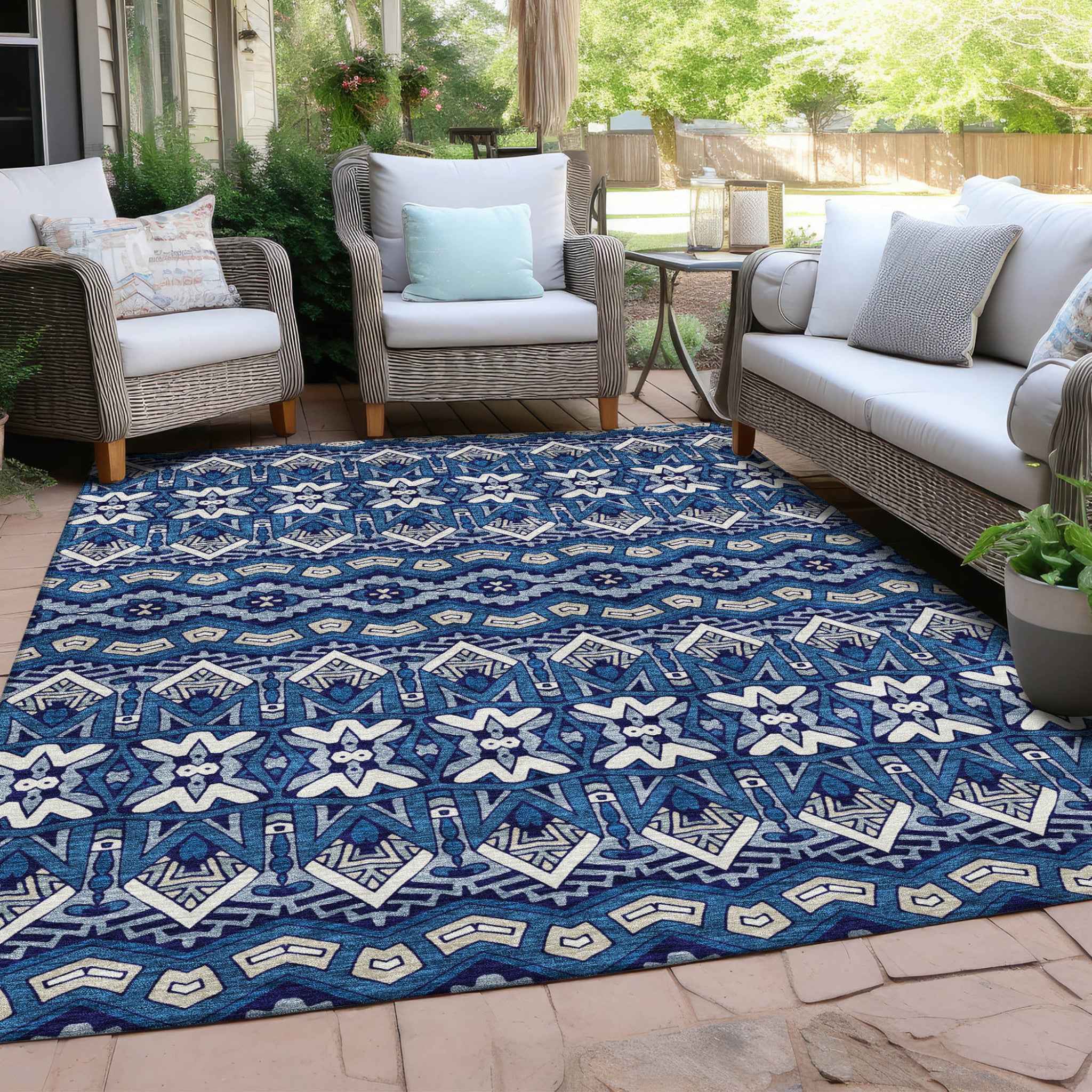 9' X 12' Navy Blue And Ivory Moroccan Washable Indoor Outdoor Area Rug