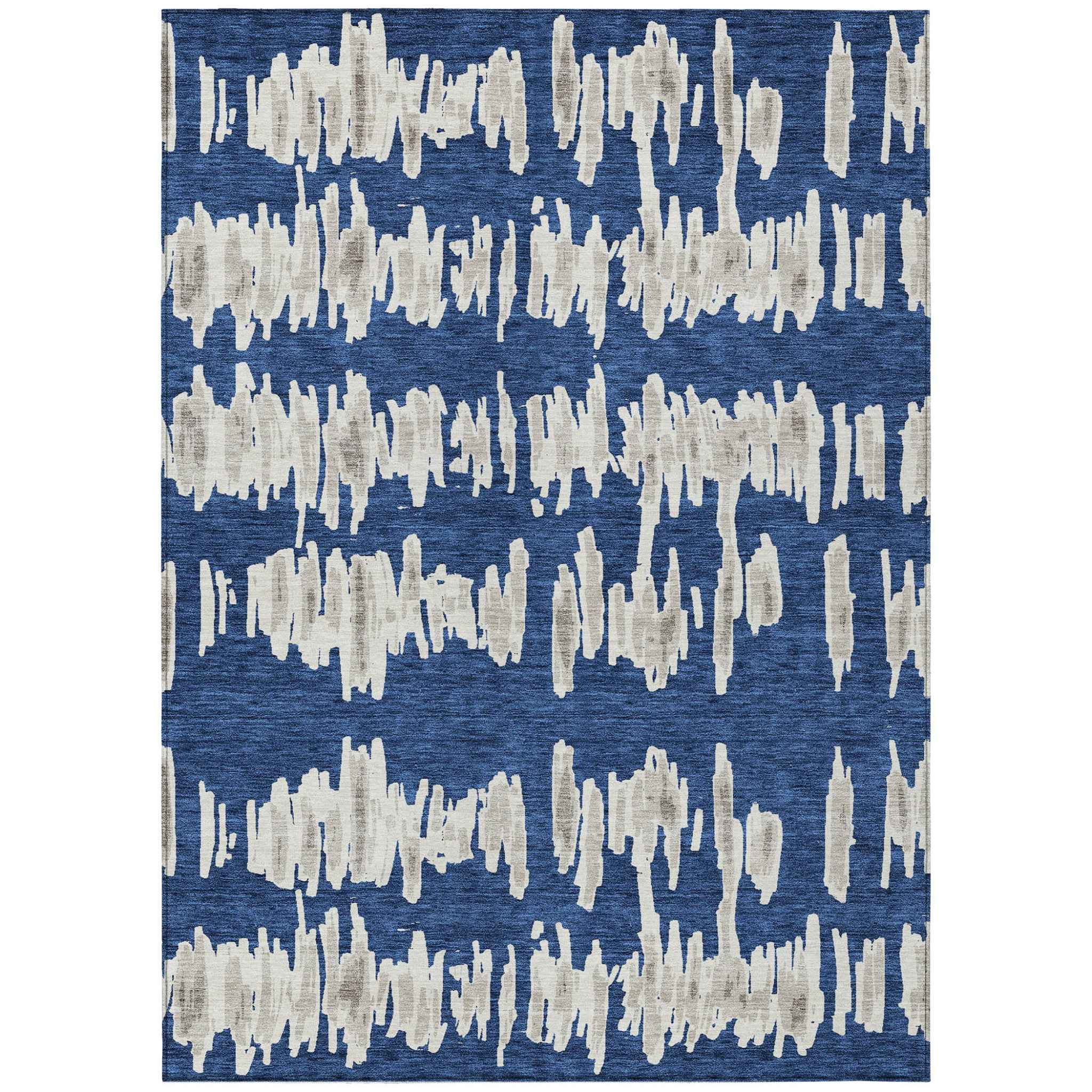 5' X 8' Navy Blue Gray And Ivory Striped Washable Indoor Outdoor Area Rug