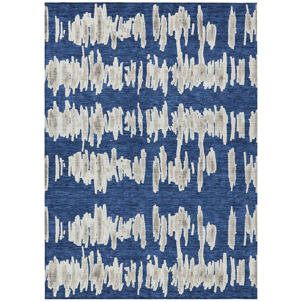 5' X 8' Navy Blue Gray And Ivory Striped Washable Indoor Outdoor Area Rug