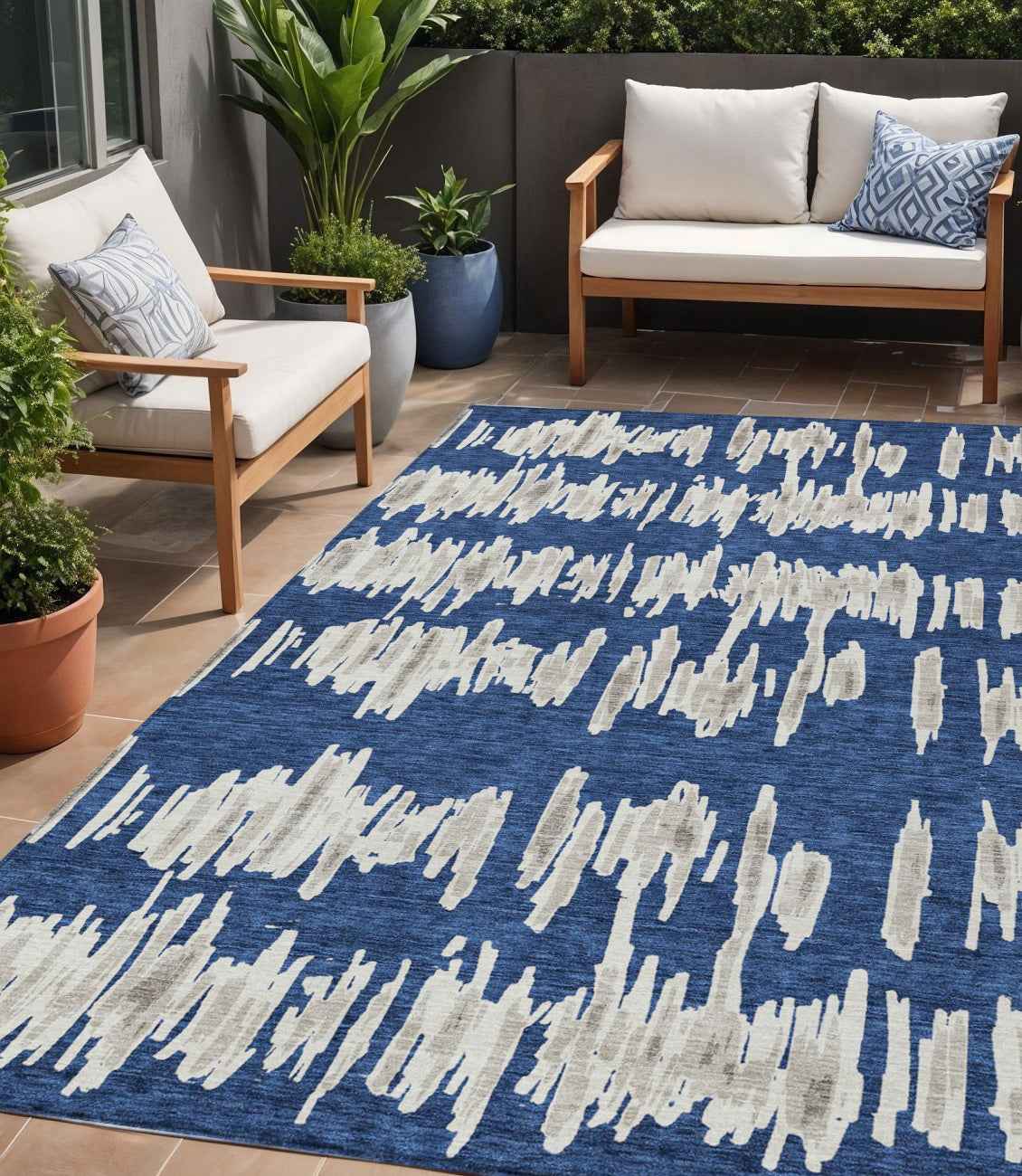 5' X 8' Navy Blue Gray And Ivory Striped Washable Indoor Outdoor Area Rug