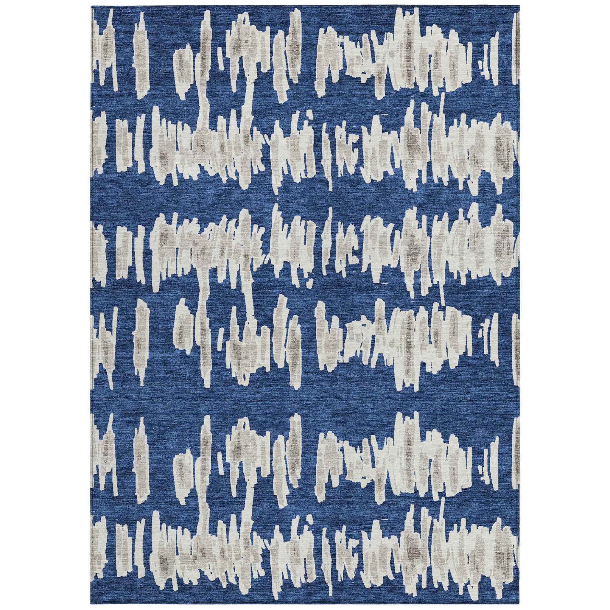 5' X 8' Navy Blue Gray And Ivory Striped Washable Indoor Outdoor Area Rug
