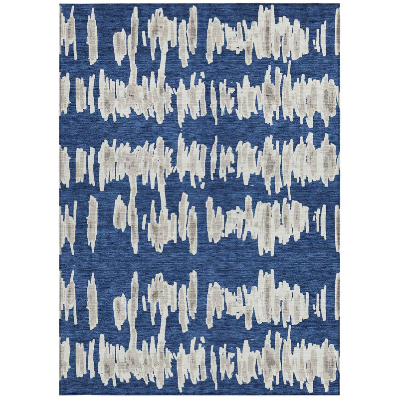 5' X 8' Navy Blue Gray And Ivory Striped Washable Indoor Outdoor Area Rug