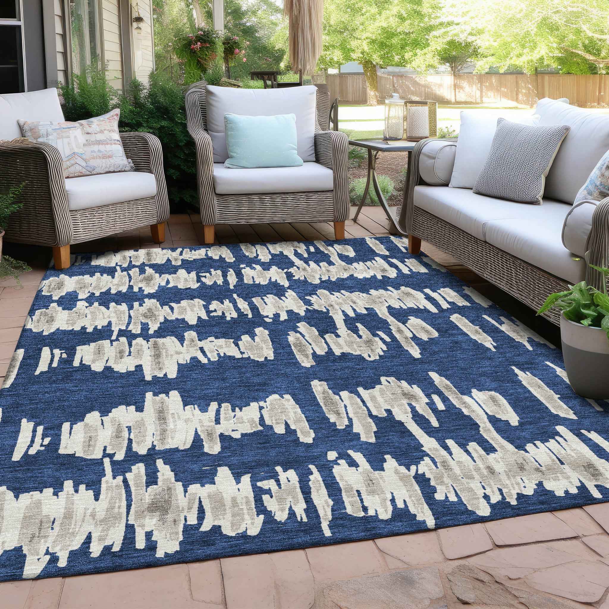 5' X 8' Navy Blue Gray And Ivory Striped Washable Indoor Outdoor Area Rug