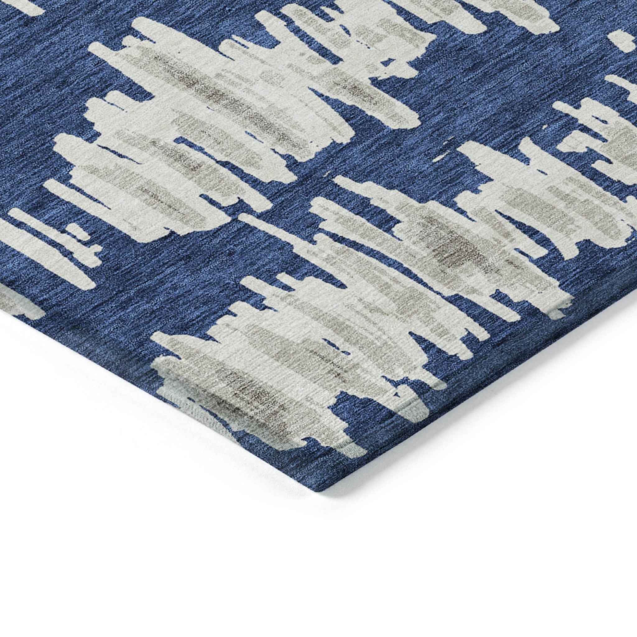 5' X 8' Navy Blue Gray And Ivory Striped Washable Indoor Outdoor Area Rug