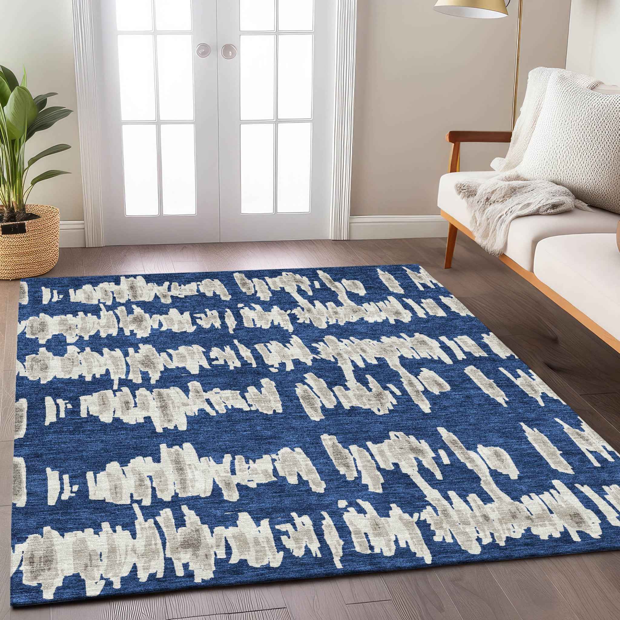 5' X 8' Navy Blue Gray And Ivory Striped Washable Indoor Outdoor Area Rug