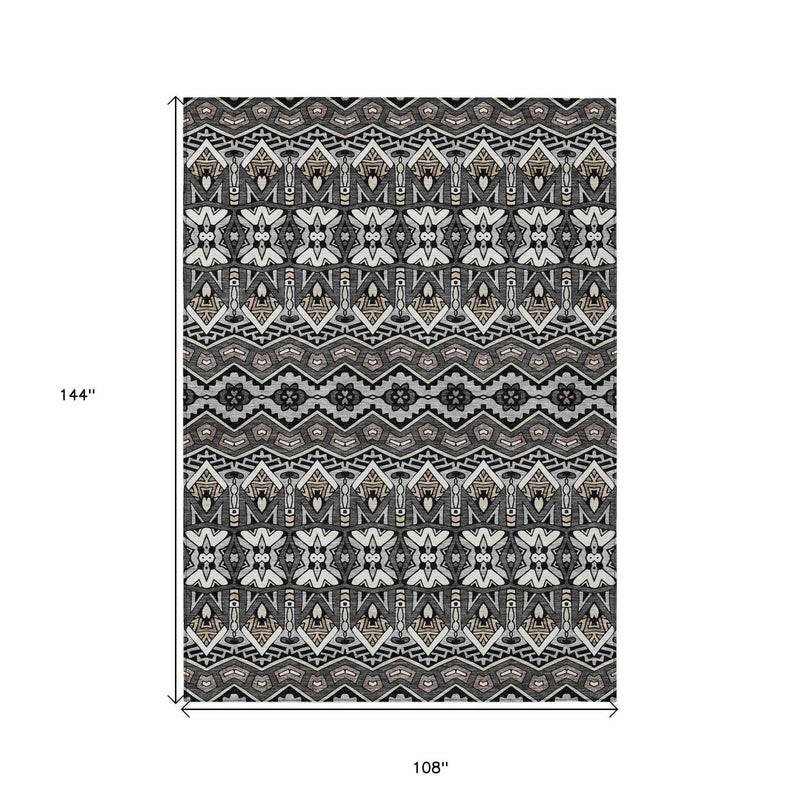 9' X 12' Charcoal Brown And Ivory Moroccan Washable Indoor Outdoor Area Rug