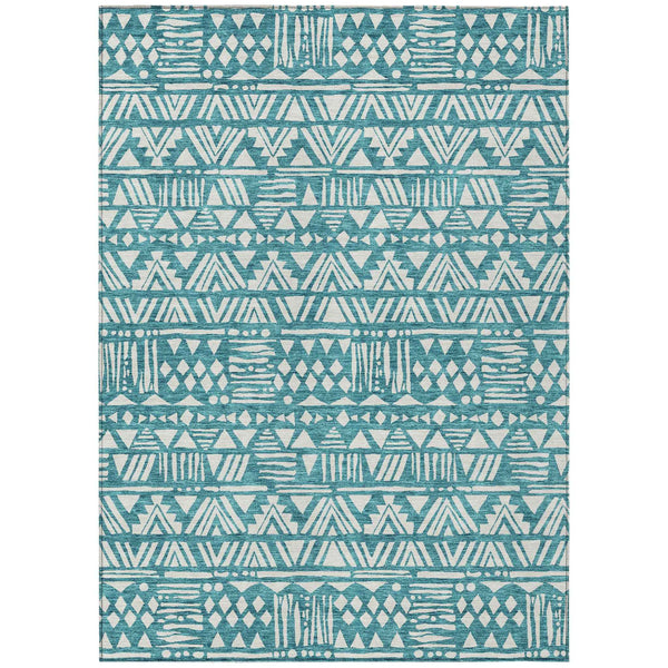 5' X 8' Teal Blue And Ivory Southwestern Washable Indoor Outdoor Area Rug