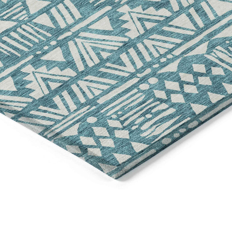 5' X 8' Teal Blue And Ivory Southwestern Washable Indoor Outdoor Area Rug