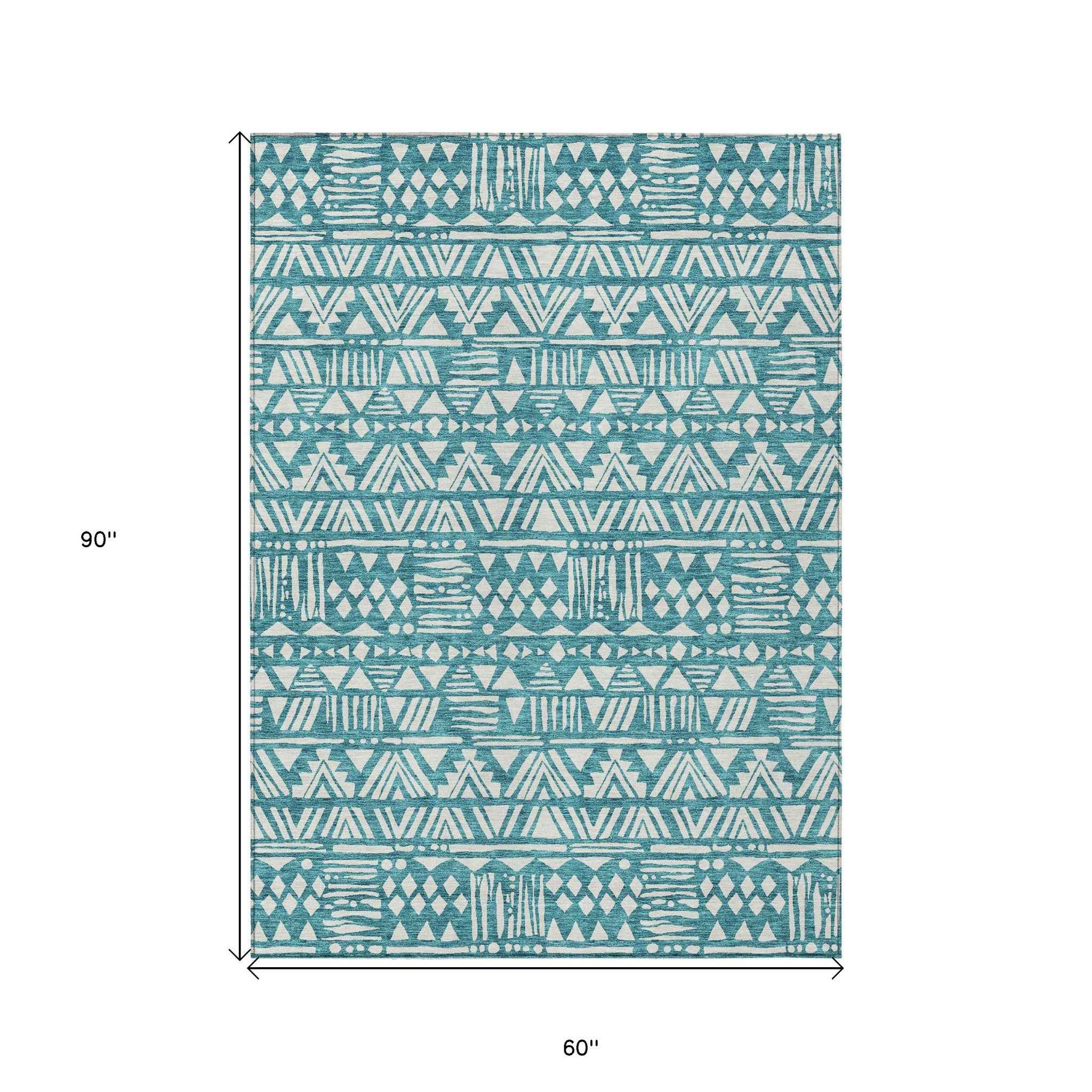 5' X 8' Teal Blue And Ivory Southwestern Washable Indoor Outdoor Area Rug