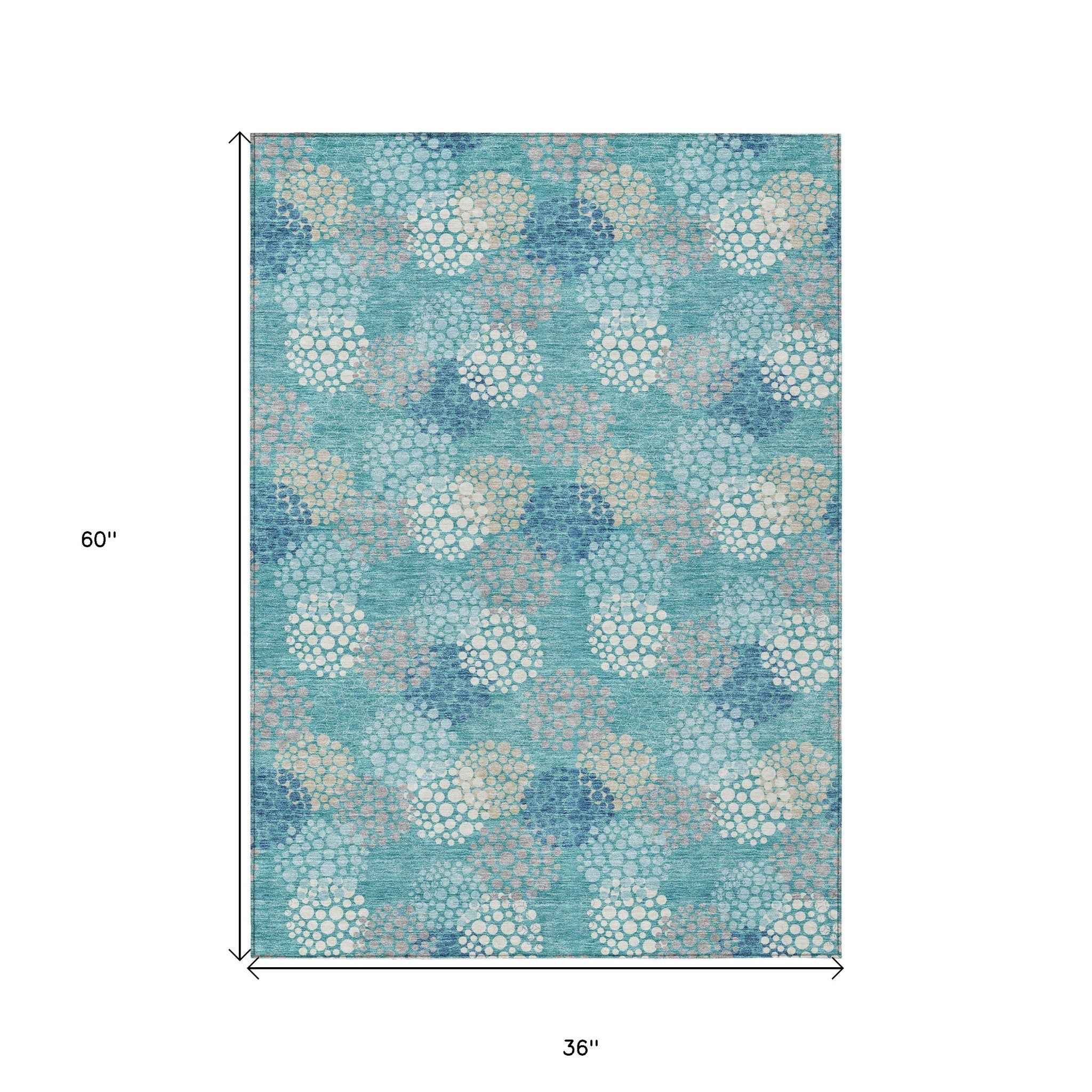 3' X 5' Teal Blue Gray And Ivory Polka Dot Washable Indoor Outdoor Area Rug