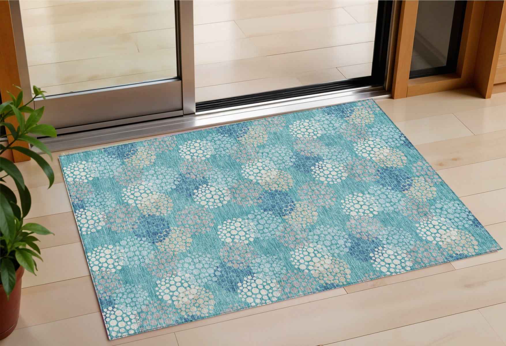 3' X 5' Teal Blue Gray And Ivory Polka Dot Washable Indoor Outdoor Area Rug