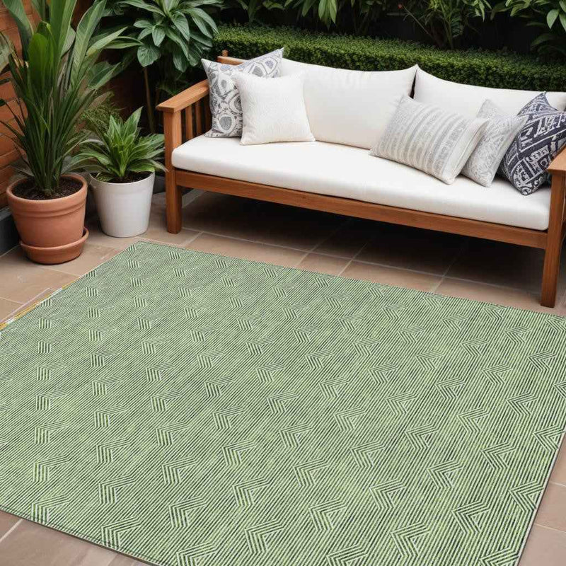 10' X 14' Green And Beige Geometric Washable Indoor Outdoor Area Rug