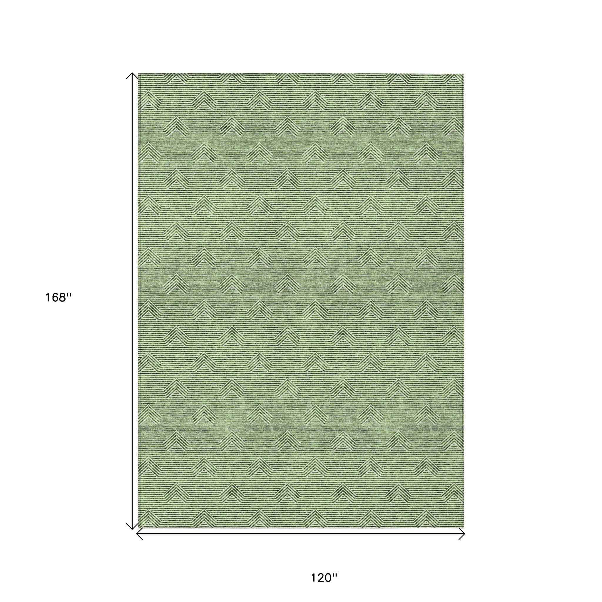 10' X 14' Green And Beige Geometric Washable Indoor Outdoor Area Rug