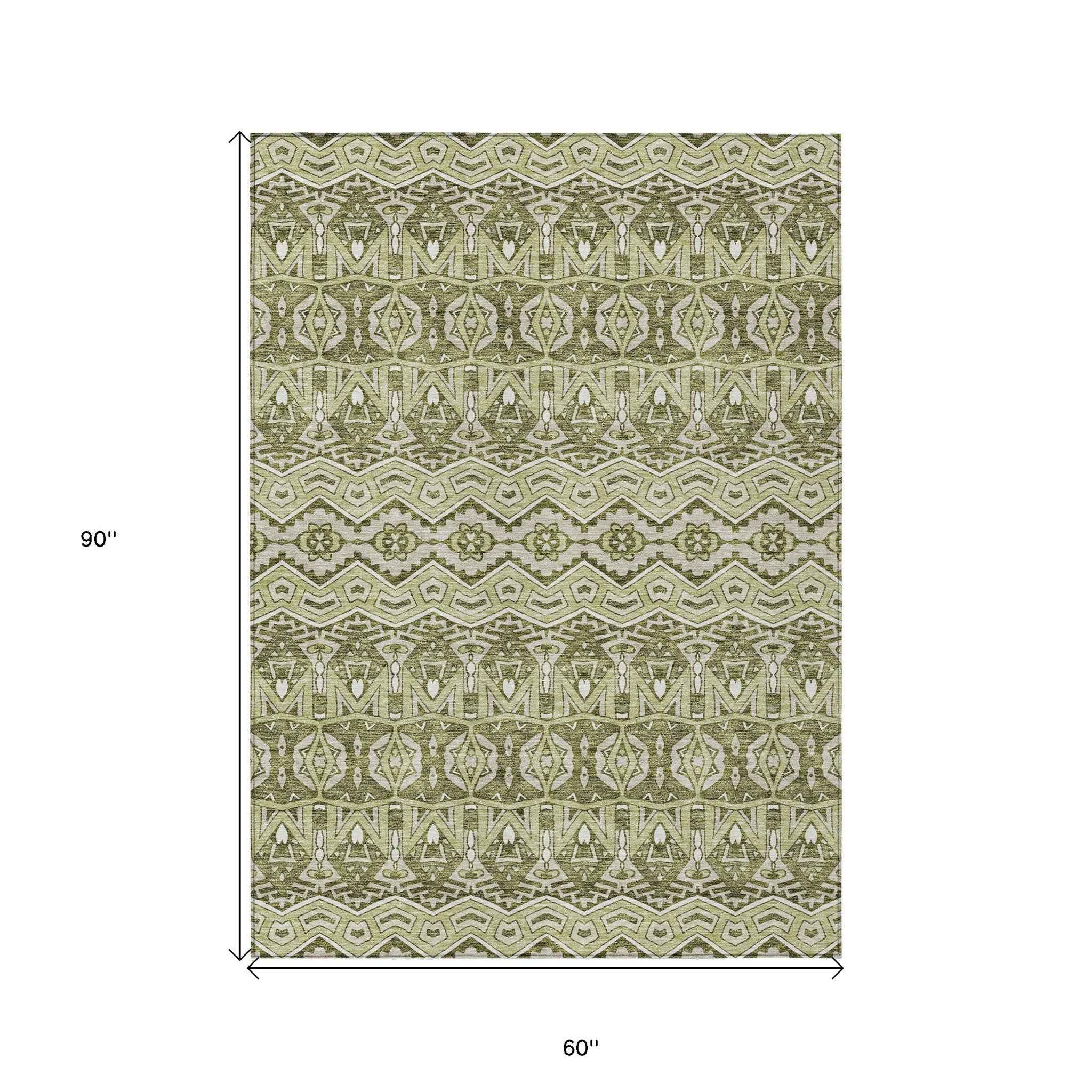 5' X 8' Artichoke Green Gray And Ivory Moroccan Washable Indoor Outdoor Area Rug