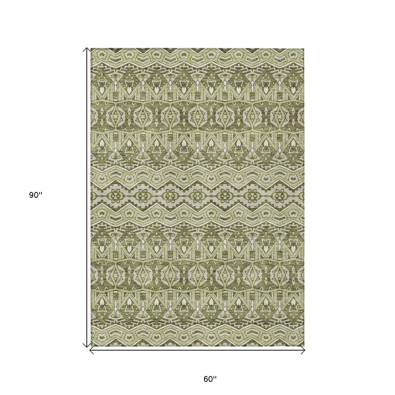 5' X 8' Artichoke Green Gray And Ivory Moroccan Washable Indoor Outdoor Area Rug