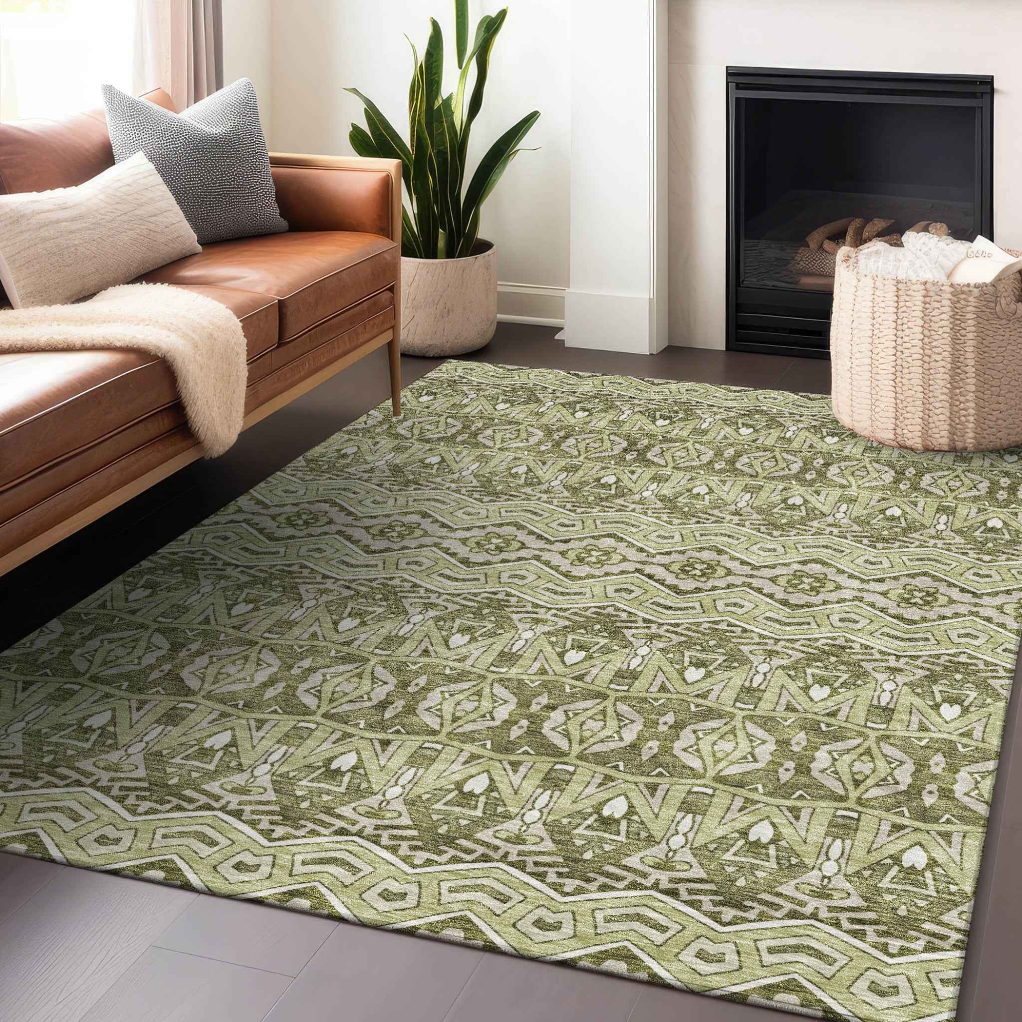 5' X 8' Artichoke Green Gray And Ivory Moroccan Washable Indoor Outdoor Area Rug