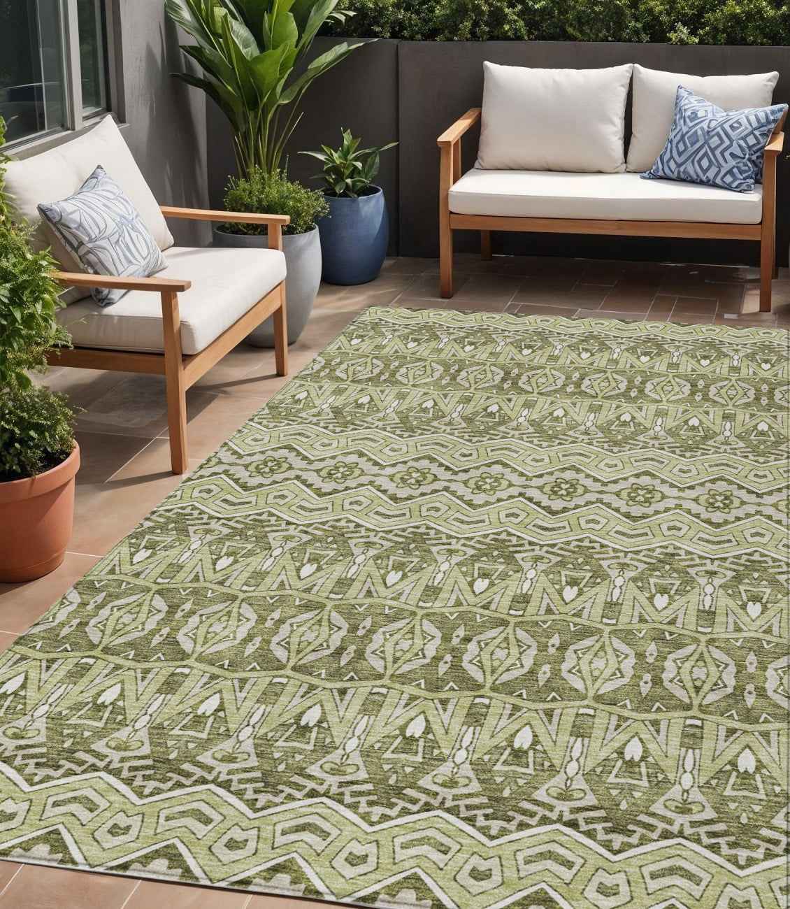 5' X 8' Artichoke Green Gray And Ivory Moroccan Washable Indoor Outdoor Area Rug
