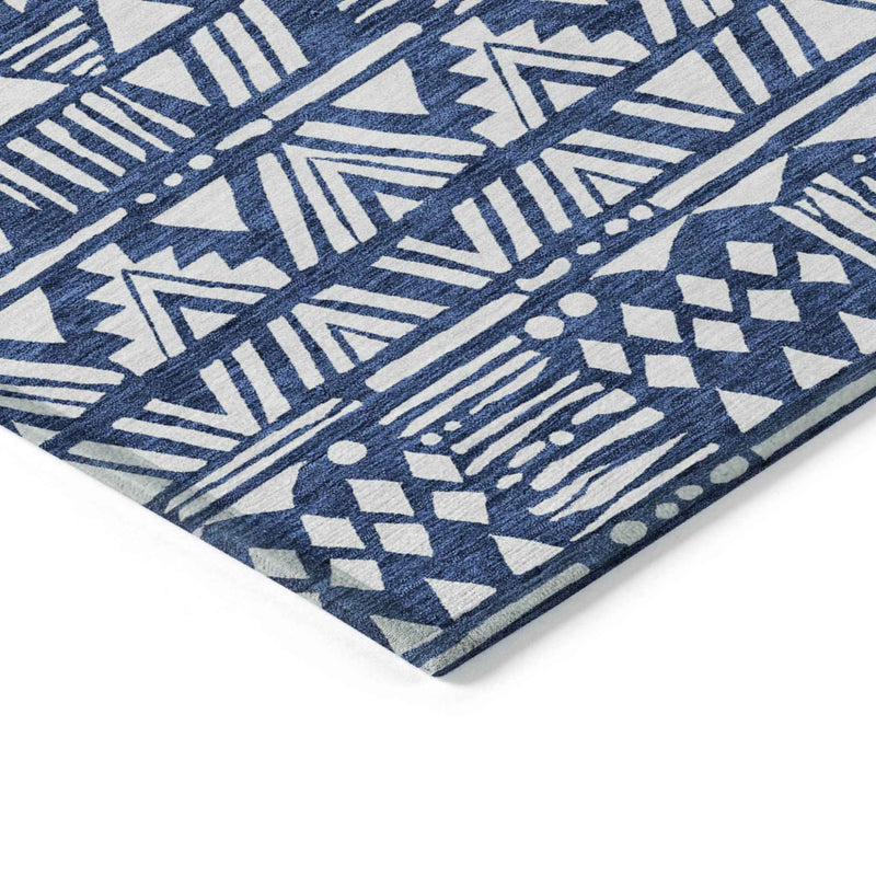 9' X 12' Navy Blue And Ivory Southwestern Washable Indoor Outdoor Area Rug