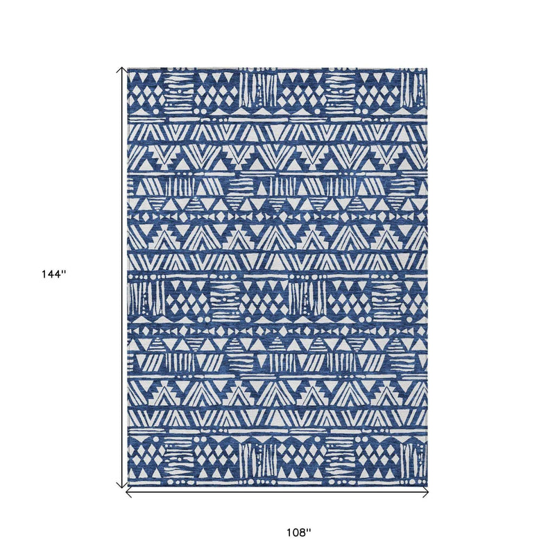 9' X 12' Navy Blue And Ivory Southwestern Washable Indoor Outdoor Area Rug