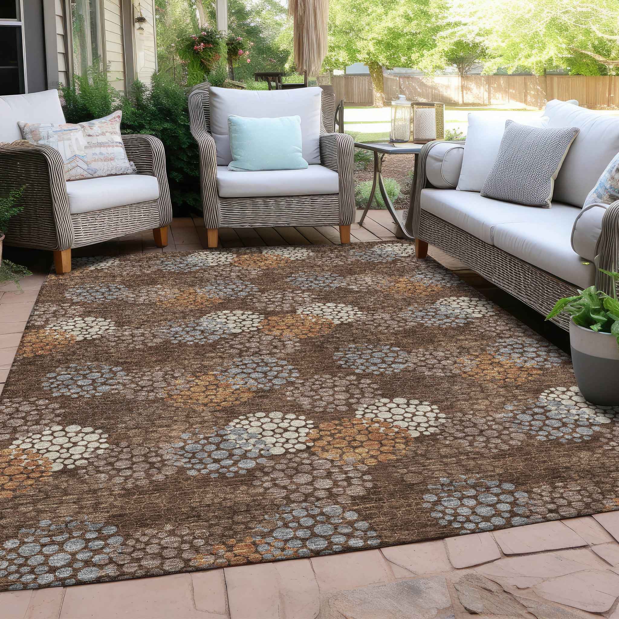 3' X 5' Brown Gray And Ivory Polka Dot Washable Indoor Outdoor Area Rug