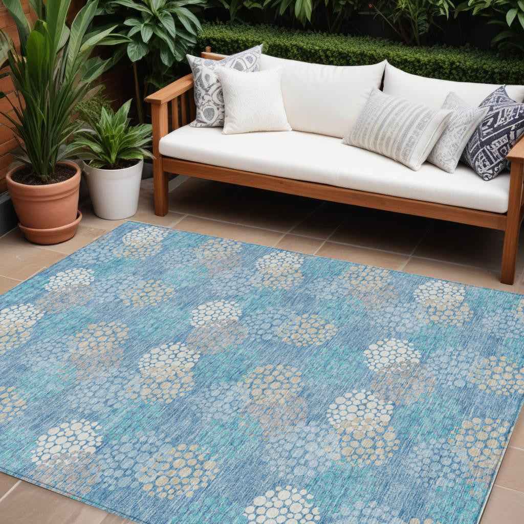 8' X 10' Sky Blue Gray And Ivory Polka Dot Washable Indoor Outdoor Area Rug