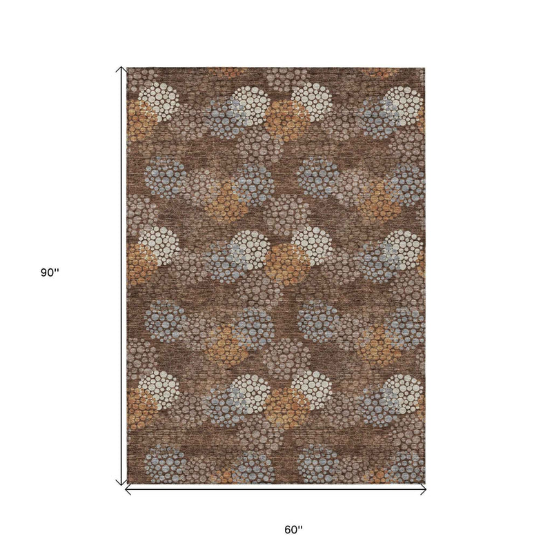 5' X 8' Brown Gray And Ivory Polka Dot Washable Indoor Outdoor Area Rug