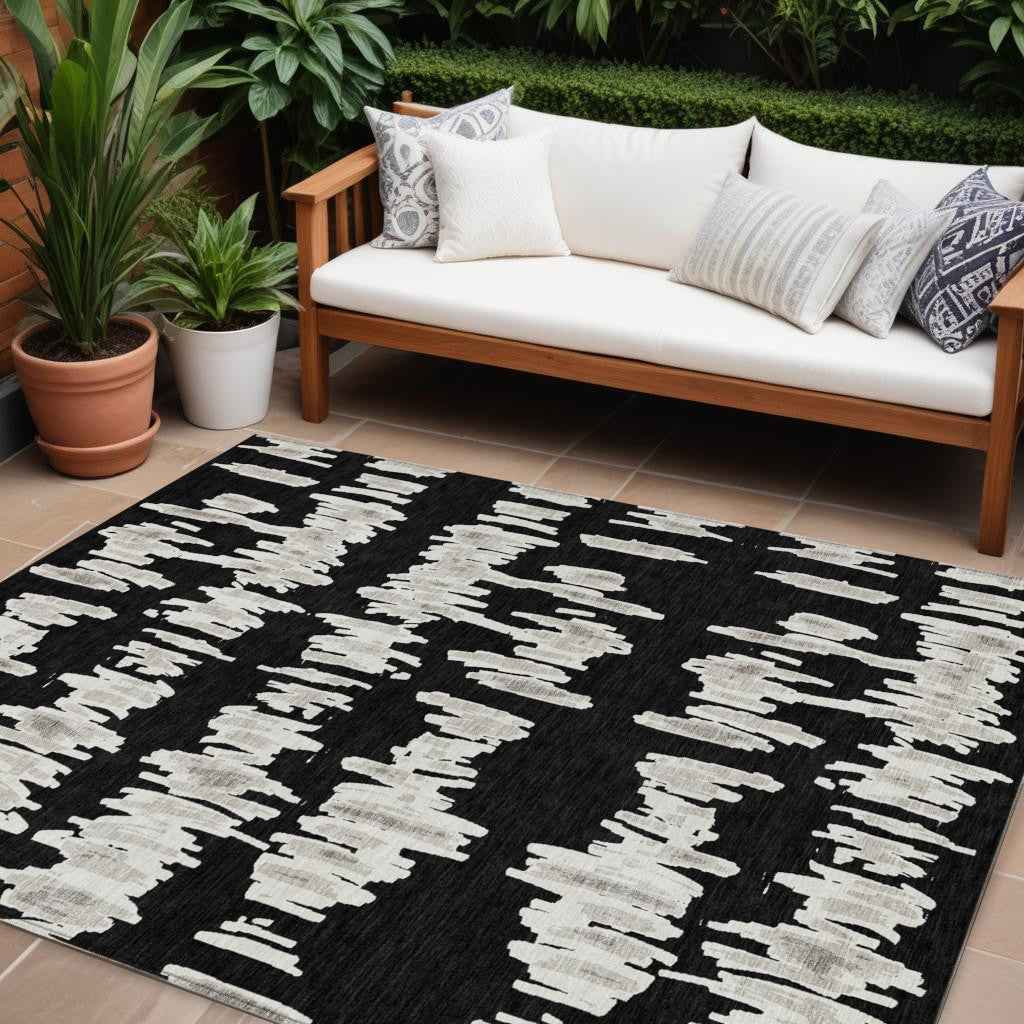 10' X 14' Black Ivory And Gray Striped Washable Indoor Outdoor Area Rug