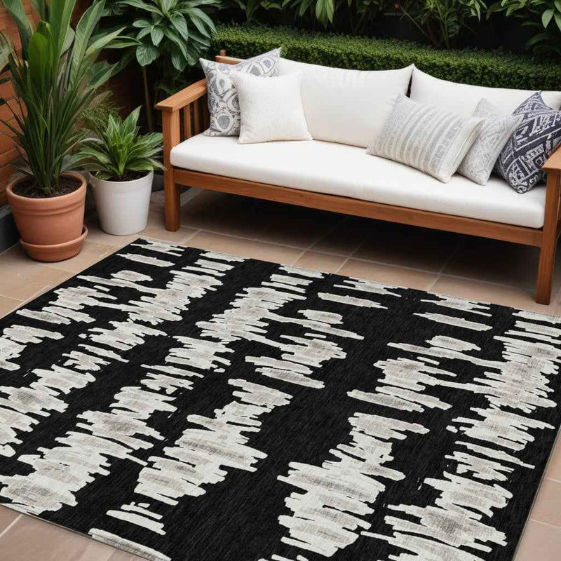 10' X 14' Black Ivory And Gray Striped Washable Indoor Outdoor Area Rug