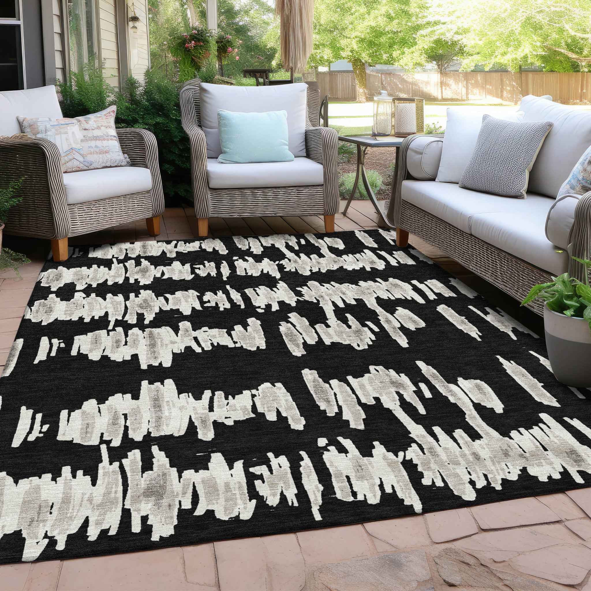 10' X 14' Black Ivory And Gray Striped Washable Indoor Outdoor Area Rug