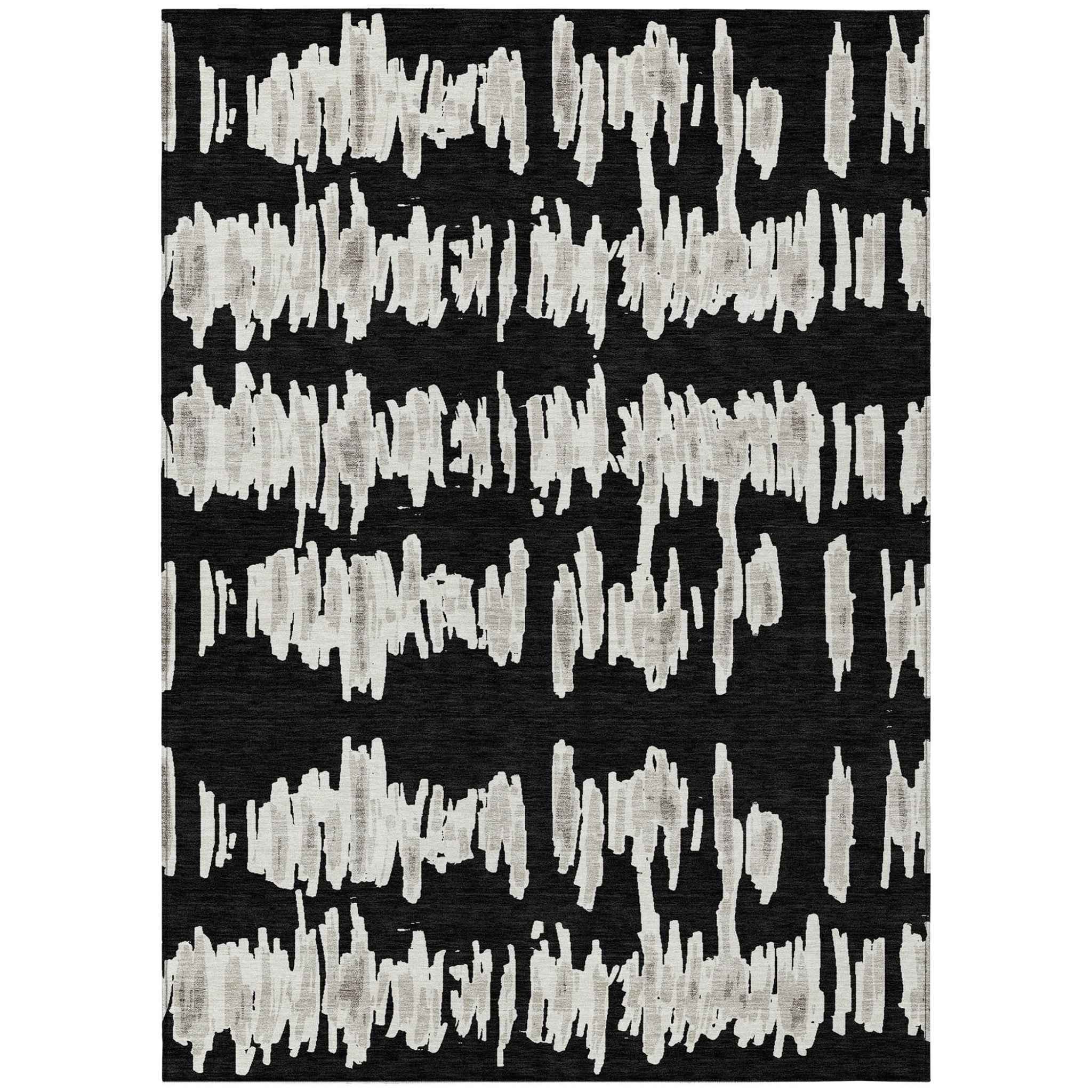 10' X 14' Black Ivory And Gray Striped Washable Indoor Outdoor Area Rug