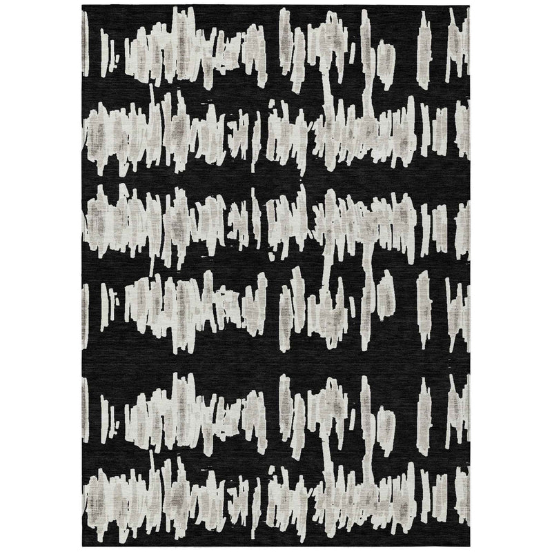 10' X 14' Black Ivory And Gray Striped Washable Indoor Outdoor Area Rug