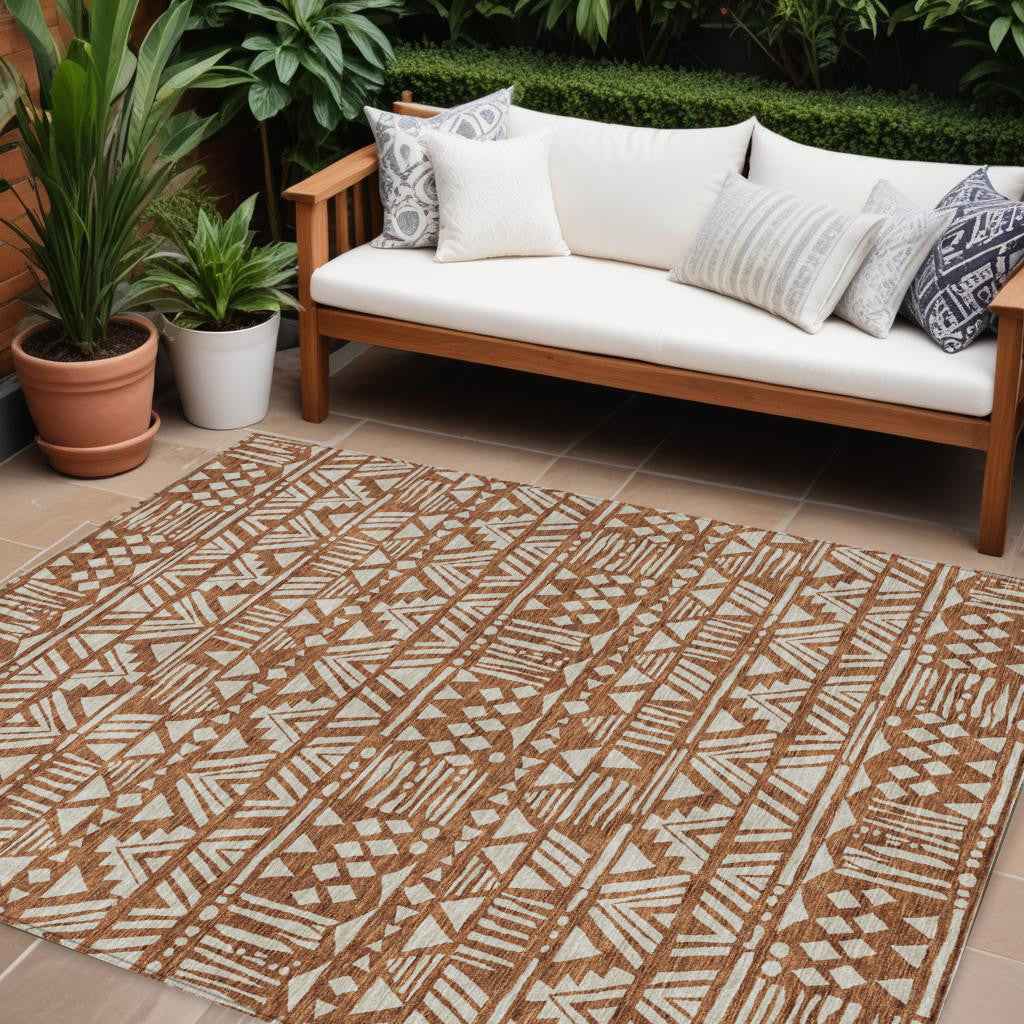 10' X 14' Terra Cotta And Beige Southwestern Washable Indoor Outdoor Area Rug