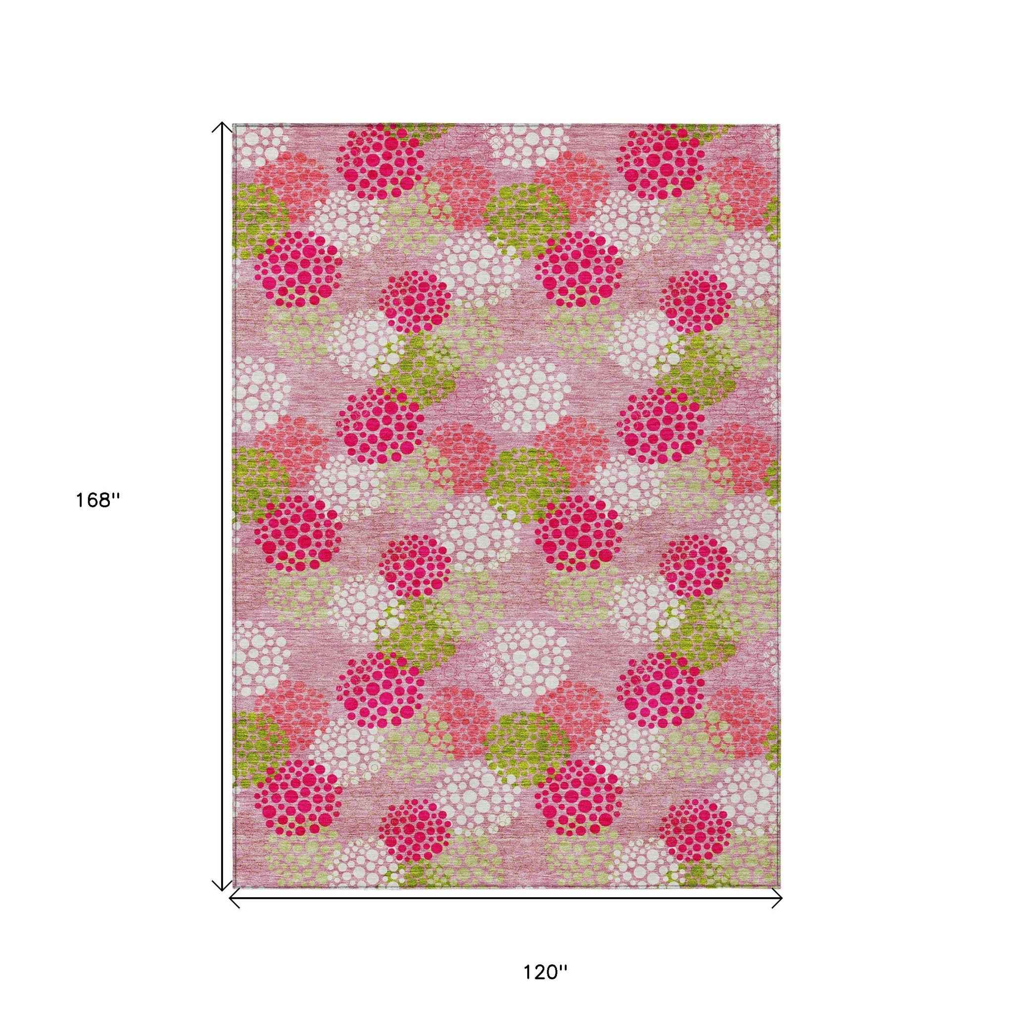 10' X 14' Pink Green And Ivory Polka Dot Washable Indoor Outdoor Area Rug