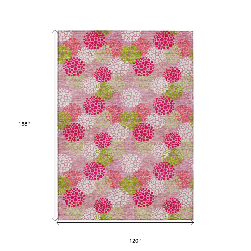 10' X 14' Pink Green And Ivory Polka Dot Washable Indoor Outdoor Area Rug