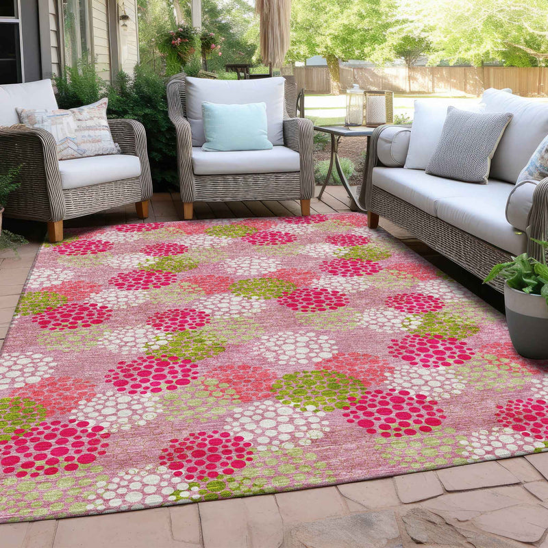 10' X 14' Pink Green And Ivory Polka Dot Washable Indoor Outdoor Area Rug