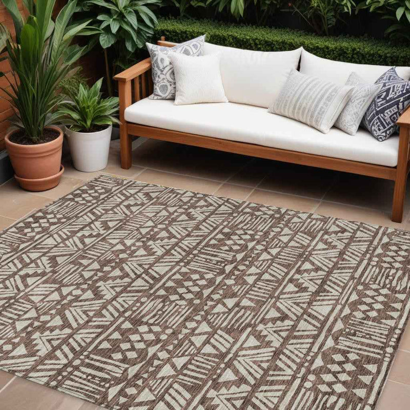 9' X 12' Brown And Beige Southwestern Washable Indoor Outdoor Area Rug