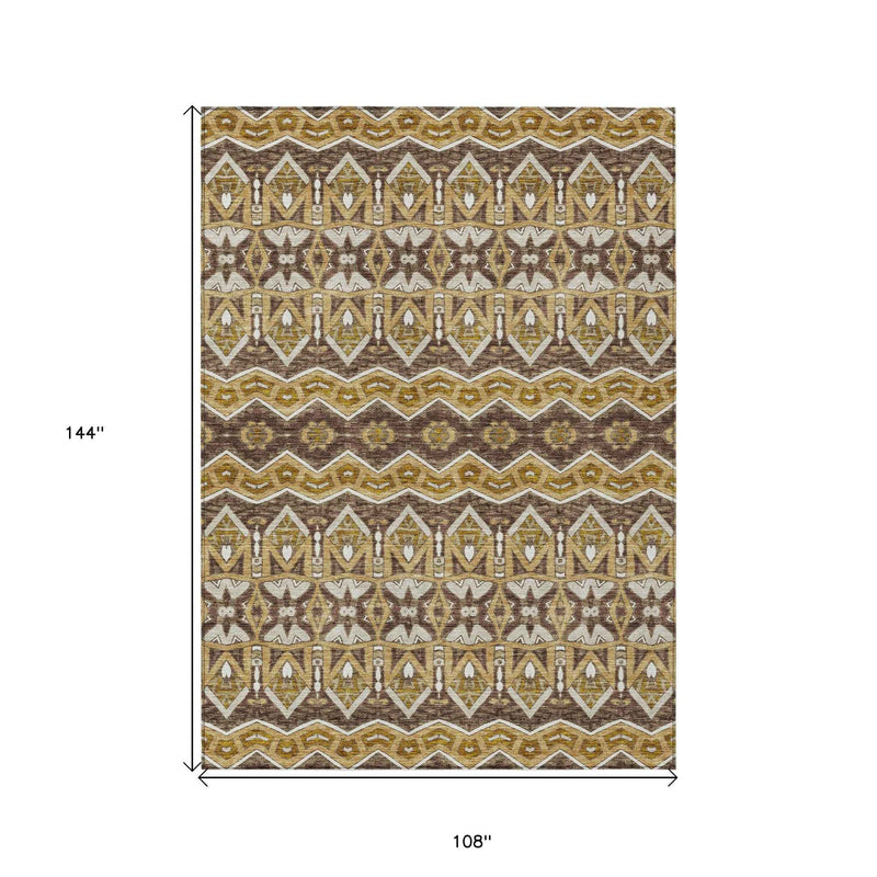9' X 12' Gold Brown And Beige Moroccan Washable Indoor Outdoor Area Rug