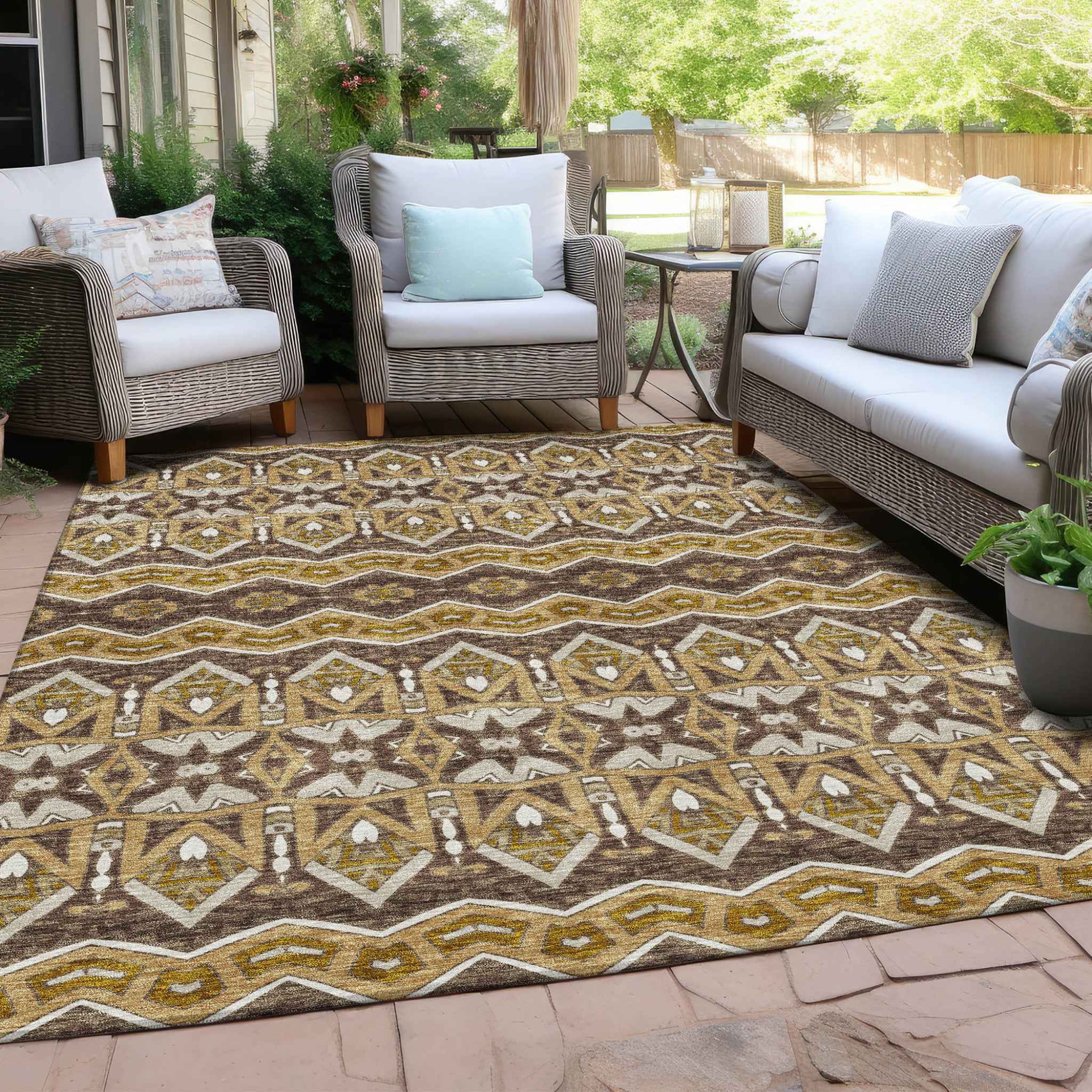 9' X 12' Gold Brown And Beige Moroccan Washable Indoor Outdoor Area Rug